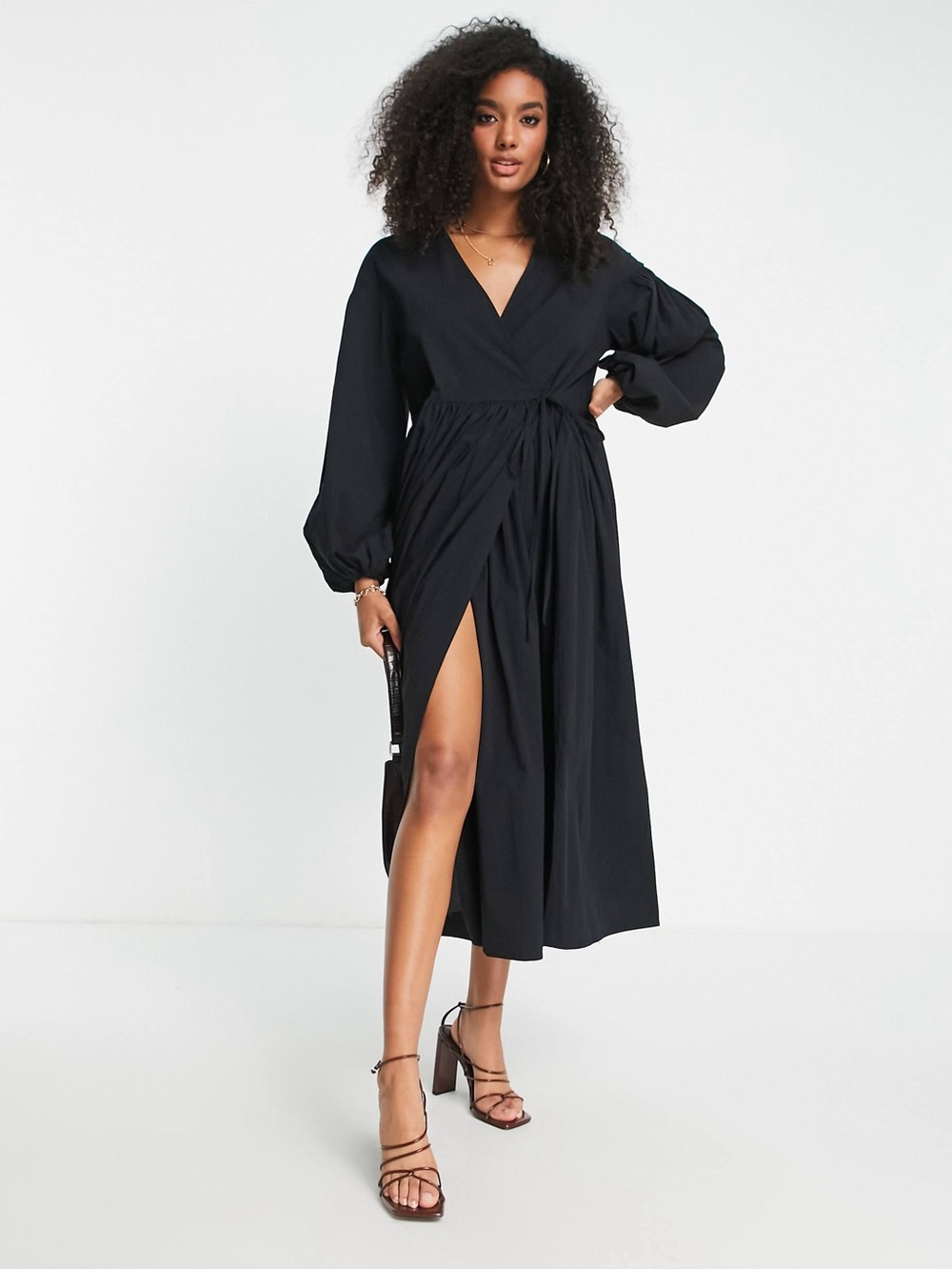 ASOS Black Wrap Midi Dress with Balloon Sleeves
